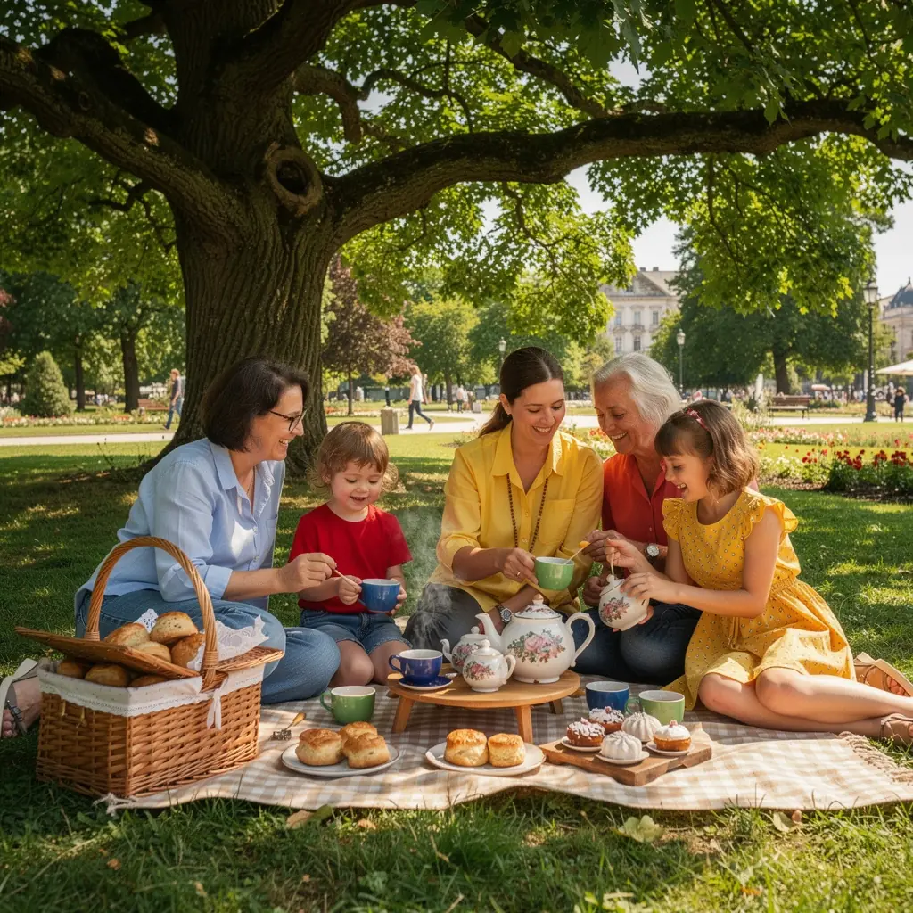 Klasszikus brit tea szett, díszes teakannával és csészékkel az asztalon.
